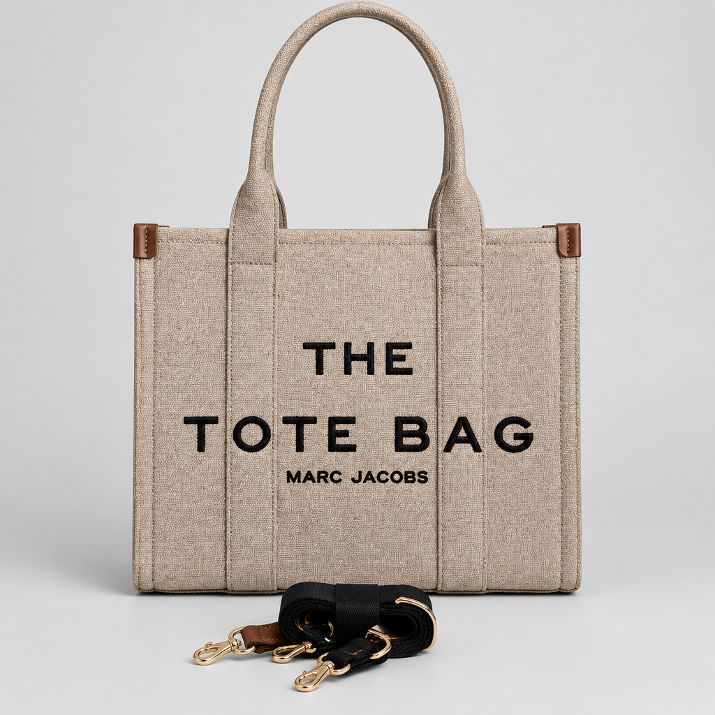 A beige canvas tote bag with black text reading 'THE TOTE BAG' and 'MARC JACOBS' on the front, standing on a tabletop against a white brick wall. A rolled metallic strap with a black ribbon and keychain lies in front of the bag.